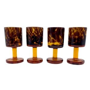 Set of 4 tortoise shell pattern blown glass wine goblets